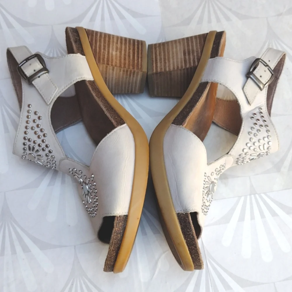 Women’s White Studded Leather Block Heel Sandals